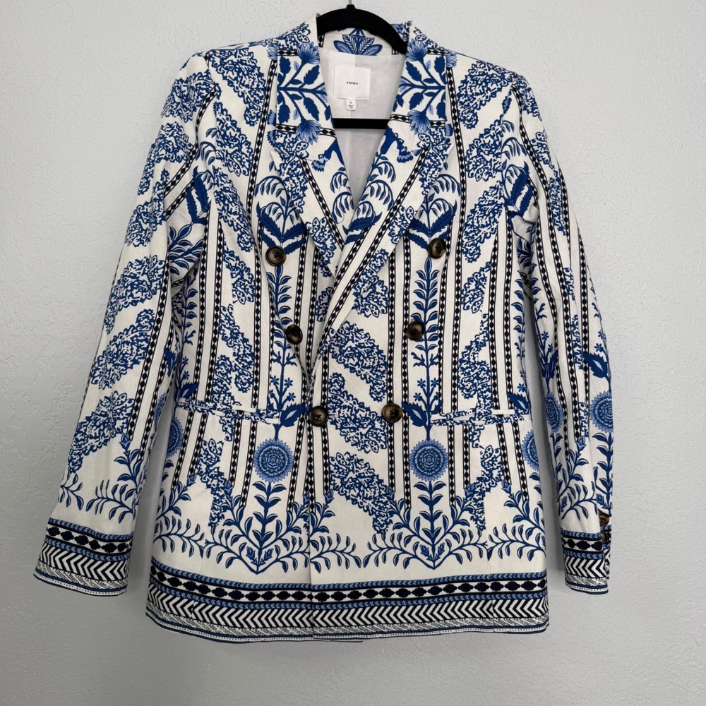 A Loves A Womens Blue White Botanical Tile Print Double Breasted Blazer Size M
